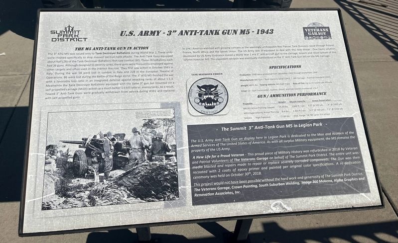 U.S. Army - 3" Anti-Tank Gun M5 - 1943 Marker image. Click for full size.