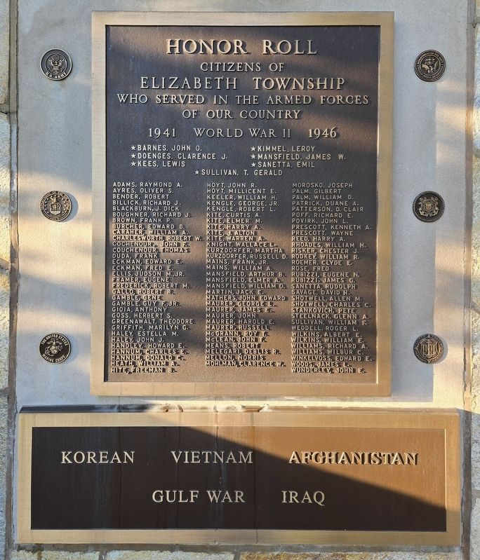 Elizabeth Township Honor Roll Marker. Click for full size. Elizabeth Township Honor Roll Marker image. Click for full size.