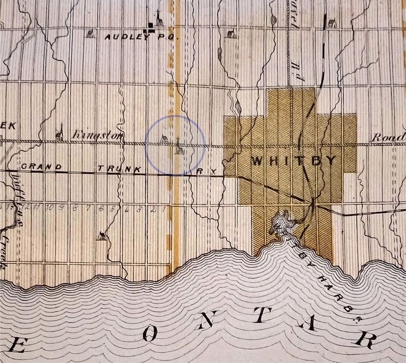 Area of Almond Village highlighted on an 1878 map of Ontario County image. Click for full size.
