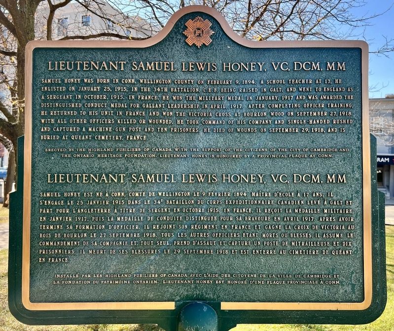 Lieutenant Samuel Lewis Honey, VC, DCM, MM Marker image. Click for full size.