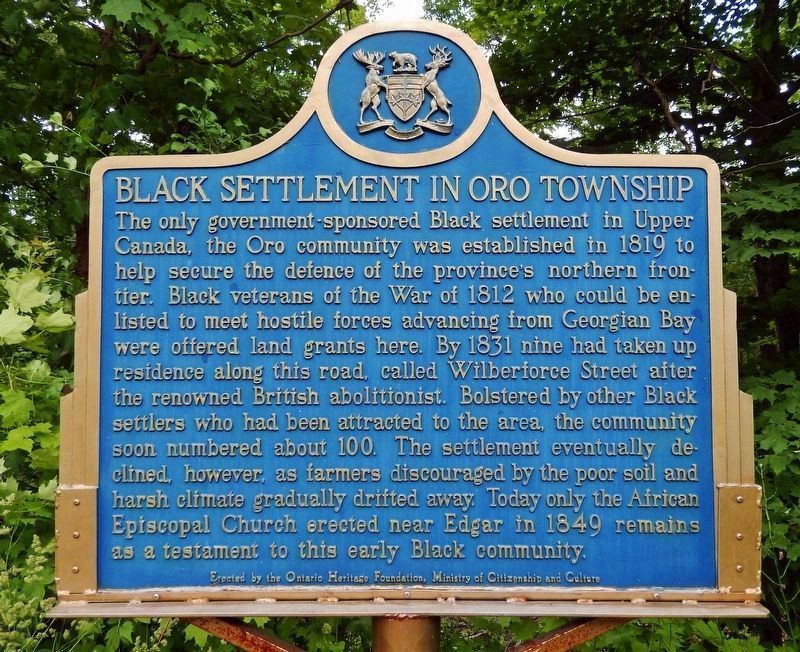 Black Settlement in Oro Township<br>(<i>marker north side • English</i>). Click for full size. Black Settlement in Oro Township<br>(<i>marker north side • English</i>) image. Click for full size.