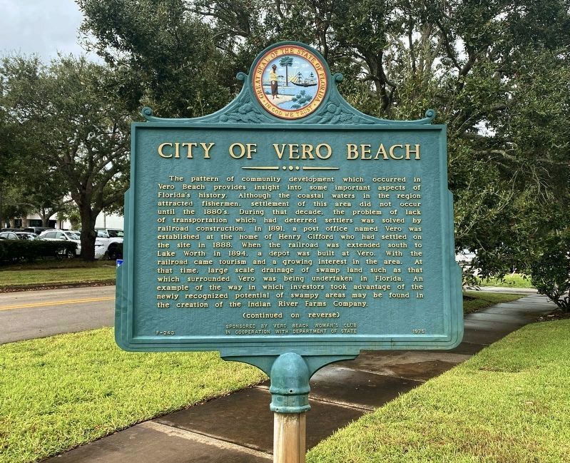 City of Vero Beach Marker (front) image. Click for full size.