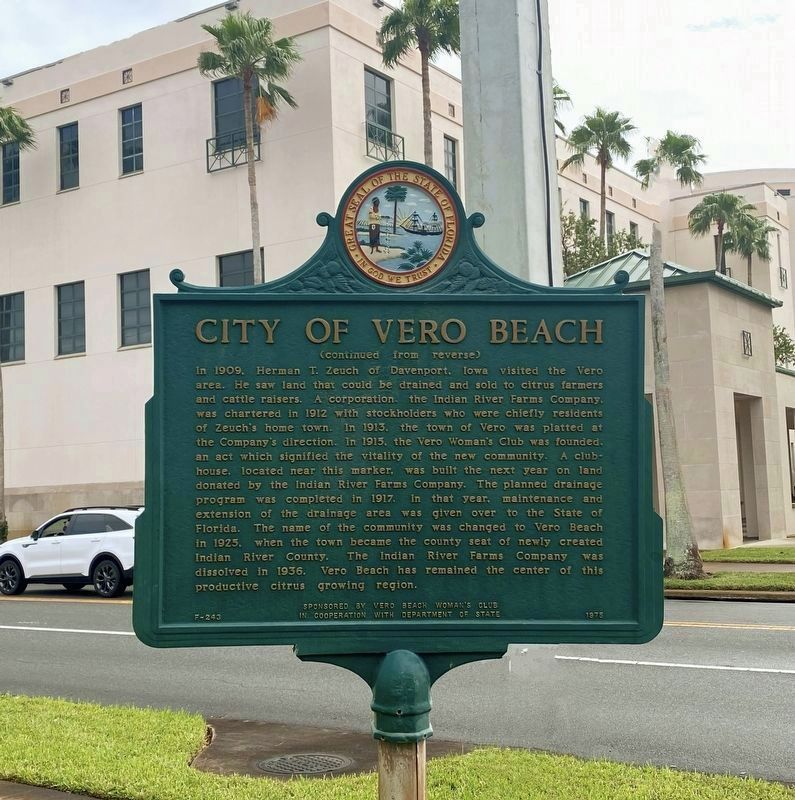City of Vero Beach Marker (back) image. Click for full size.