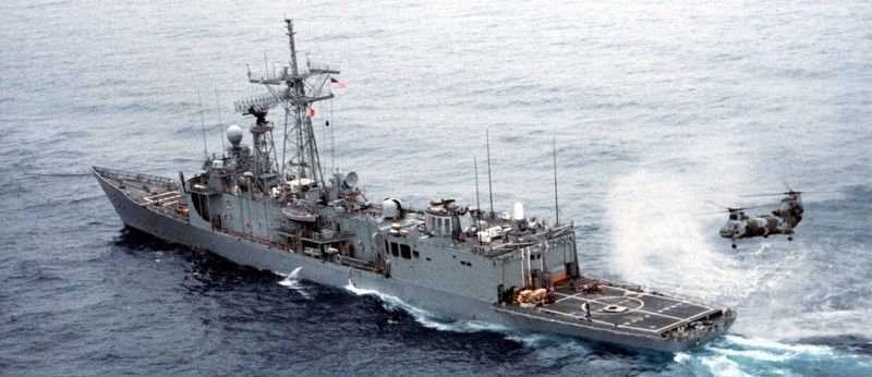 USS Samuel B. Roberts (FFG-58) underway after the ship struck a mine on 14 April 1988. image. Click for more information.