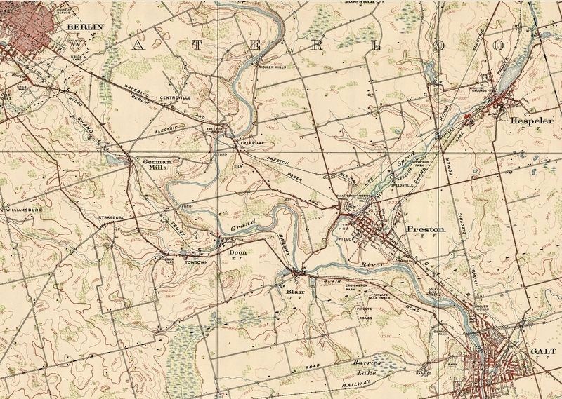 1916 map showing the route of the Galt-Berlin portion of the Grand Trunk Railway. Click for full size. 1916 map showing the route of the Galt-Berlin portion of the Grand Trunk Railway image. Click for full size.