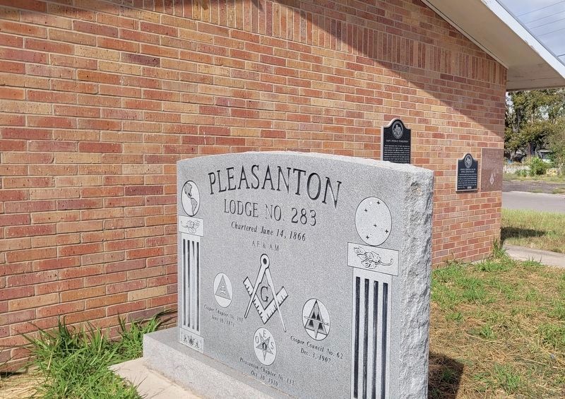 The Pleasanton Masonic Lodge with the marker behind the sign (left side) image. Click for full size.