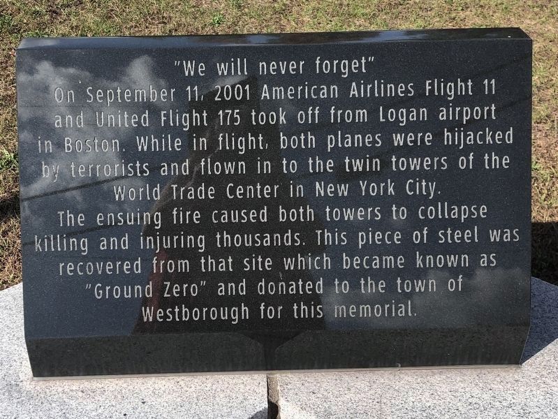 Westborough, MA 9/11 Memorial plaque (�We will never forget�) image. Click for full size.