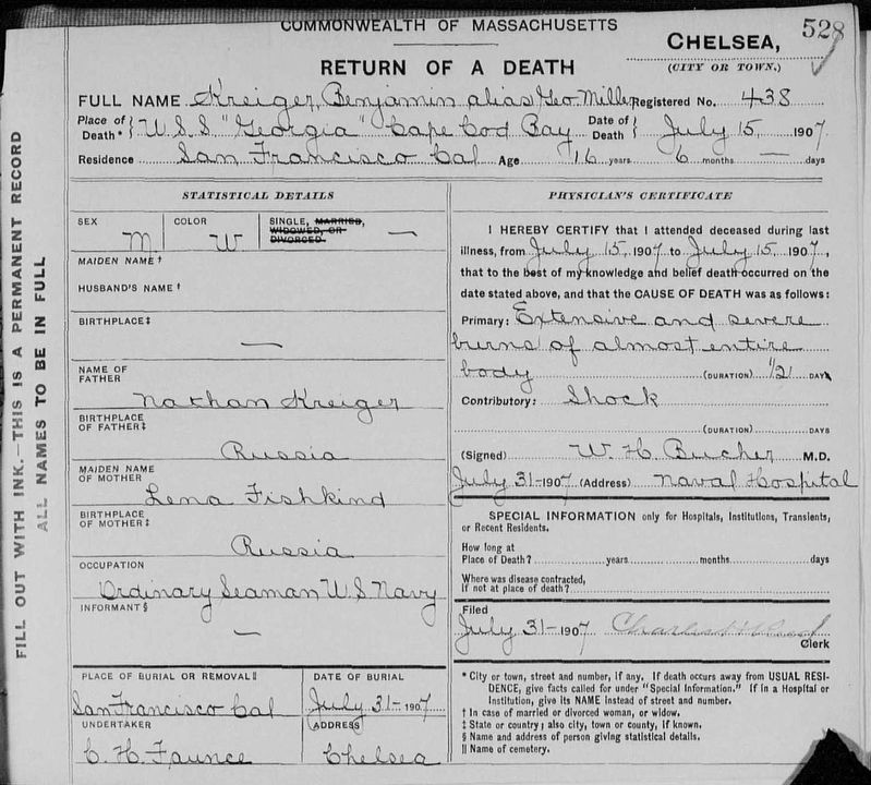 Benjamin Kreiger Death Certificate. Click for full size. Benjamin Kreiger Death Certificate image. Click for full size.