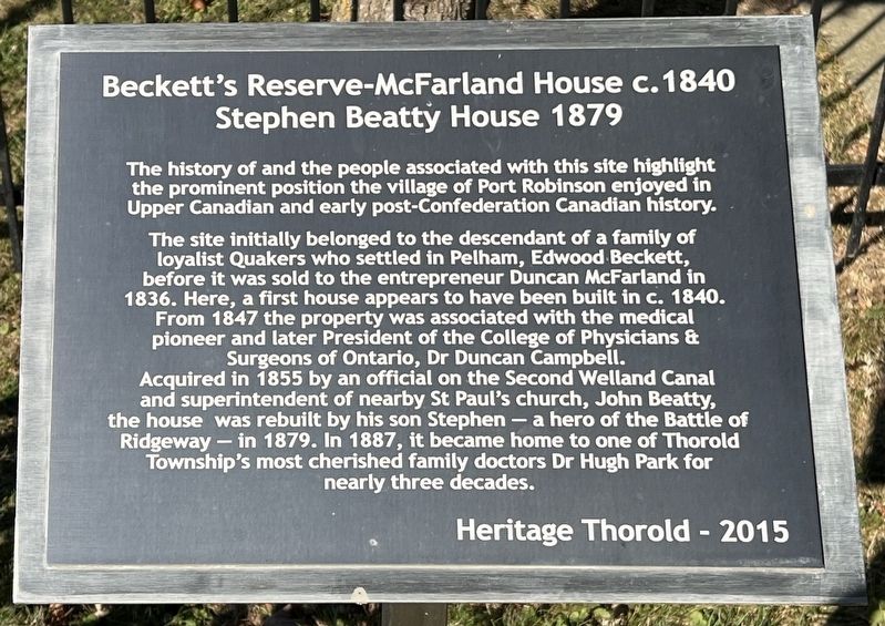 Beckett's Reserve-McFarland House c. 1840 Stephen Beatty House 1879 Marker. Click for full size. Beckett's Reserve-McFarland House c. 1840 Stephen Beatty House 1879 Marker image. Click for full size.