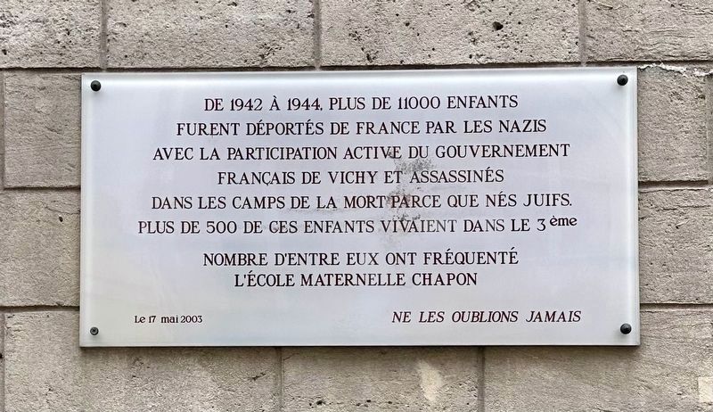 �cole Maternelle Chapon Deported Jewish Students Memorial Marker image. Click for full size.