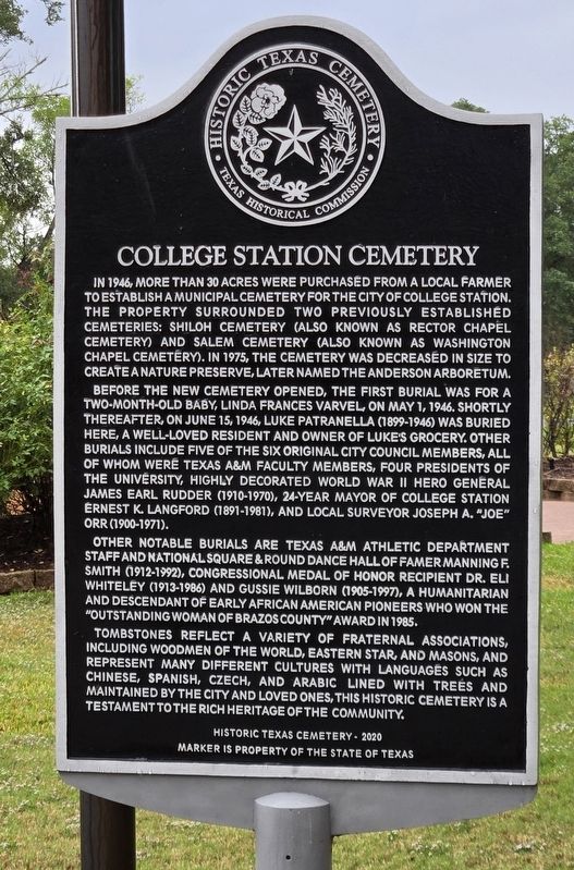 College Station Cemetery Marker. Click for full size. College Station Cemetery Marker image. Click for full size.