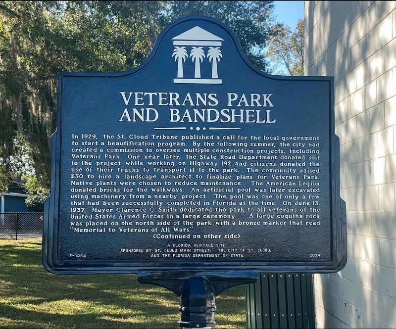 Veterans Park and Bandshell Marker (side 1) image. Click for full size.