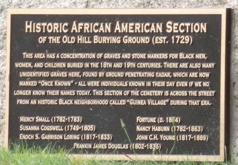Historic African American Section of the Old Hill Burying Ground (Est. 1729) Marker. Click for full size. Historic African American Section of the Old Hill Burying Ground (Est. 1729) Marker image. Click for full size.