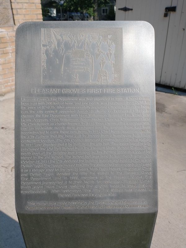 Pleasant Grove's First Fire Station Marker image. Click for full size.