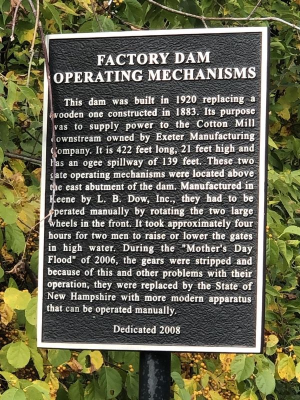 Factory Dam Operating Mechanisms Marker. Click for full size. Factory Dam Operating Mechanisms Marker image. Click for full size.