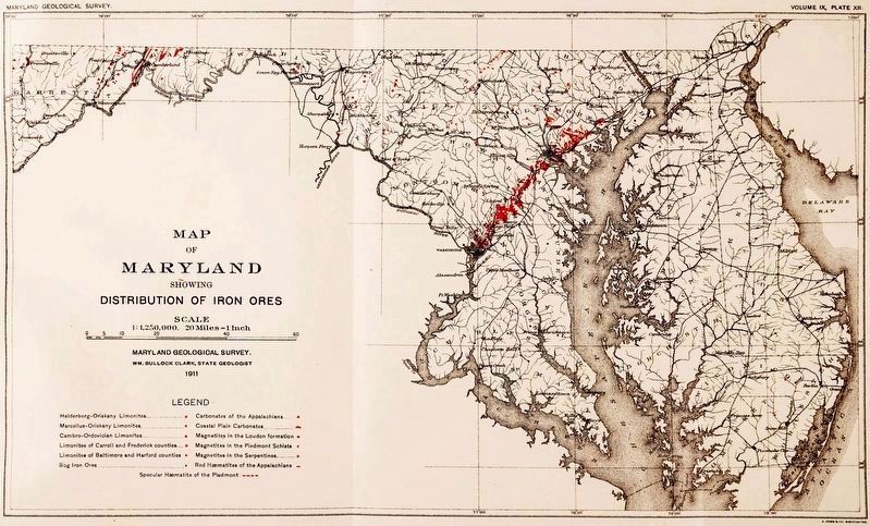 Map of Maryland showing Distribution of Iron Ores<BR>by Wm. Bullock Clark, State Geologist image. Click for full size.