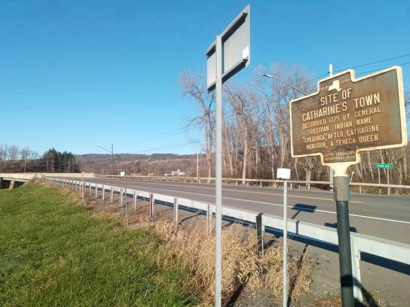Site of Catharine's Town Marker looking north towards Montour Falls. Click for full size. Site of Catharine's Town Marker looking north towards Montour Falls image. Click for full size.