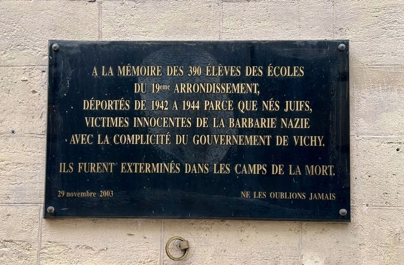 École Élémentaire Barbanègre Deported Jewish Students Memorial Marker. Click for full size. École Élémentaire Barbanègre Deported Jewish Students Memorial Marker image. Click for full size.
