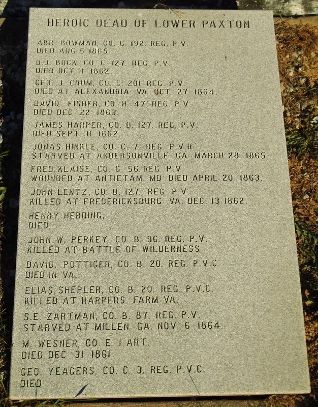 Civil War Memorial Lower Paxton Honored Dead. Click for full size. Civil War Memorial Lower Paxton Honored Dead image. Click for full size.