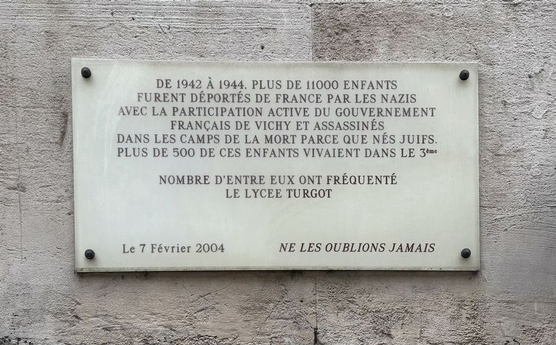 Lycee Turgot Deported Jewish Student Memorial Marker image. Click for full size.