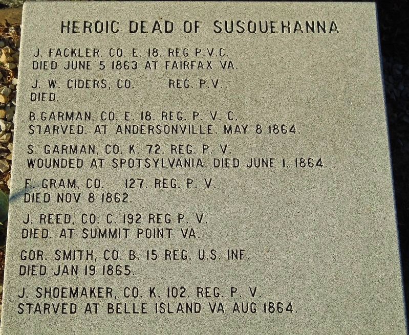 Civil War Memorial Susquehanna Honored Dead. Click for full size. Civil War Memorial Susquehanna Honored Dead image. Click for full size.