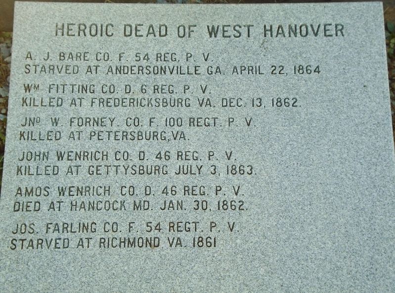 Civil War Memorial West Hanover Honored Dead. Click for full size. Civil War Memorial West Hanover Honored Dead image. Click for full size.