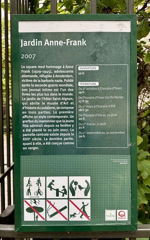 Jardin Anne Frank (2007) Marker. Click for more information. Jardin Anne Frank (2007) Marker image. Click for more information.