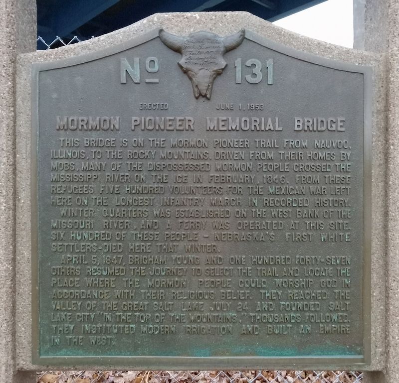 Mormon Pioneer Memorial Bridge Marker. Click for full size. Mormon Pioneer Memorial Bridge Marker image. Click for full size.