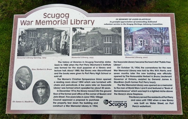 Scugog War Memorial Library Marker image. Click for full size.