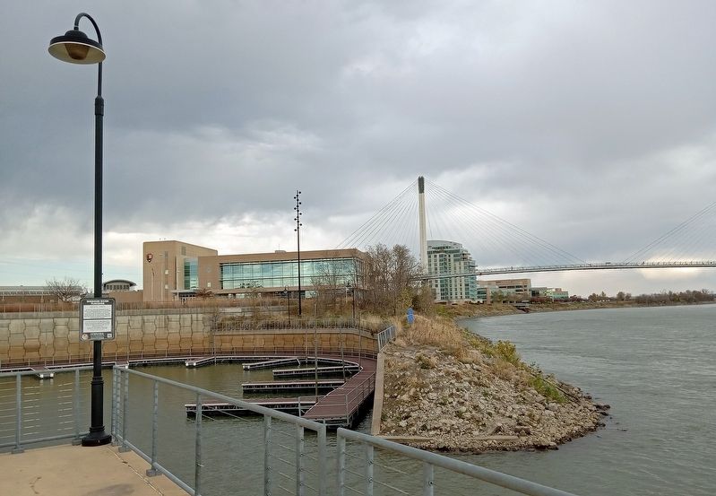Missouri River Flooding Marker overlooking Riverfront Marina and the Bob Kerrey Pedestrian Bridge. Click for full size. Missouri River Flooding Marker overlooking Riverfront Marina and the Bob Kerrey Pedestrian Bridge image. Click for full size.