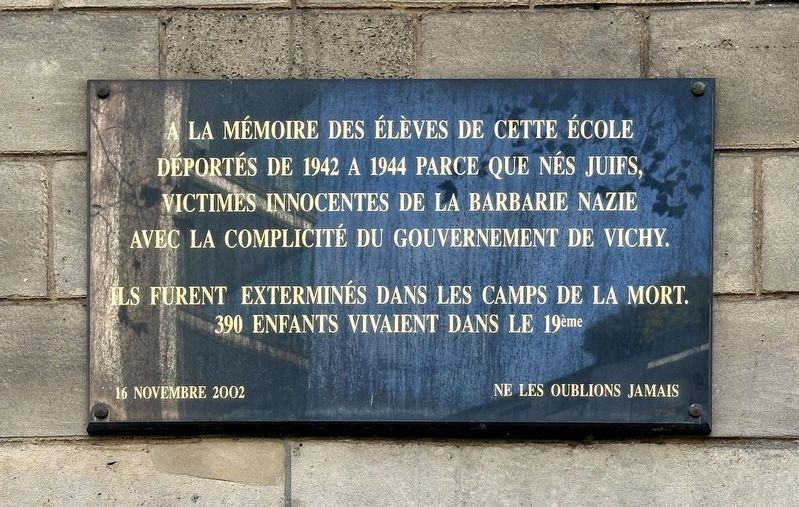 École Maternelle Armand Carrel Deported Jewish Student Memorial Marker. Click for full size. École Maternelle Armand Carrel Deported Jewish Student Memorial Marker image. Click for full size.