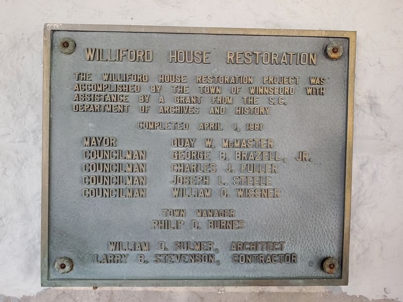 Williford House Restoration Plaque. Click for full size. Williford House Restoration Plaque image. Click for full size.