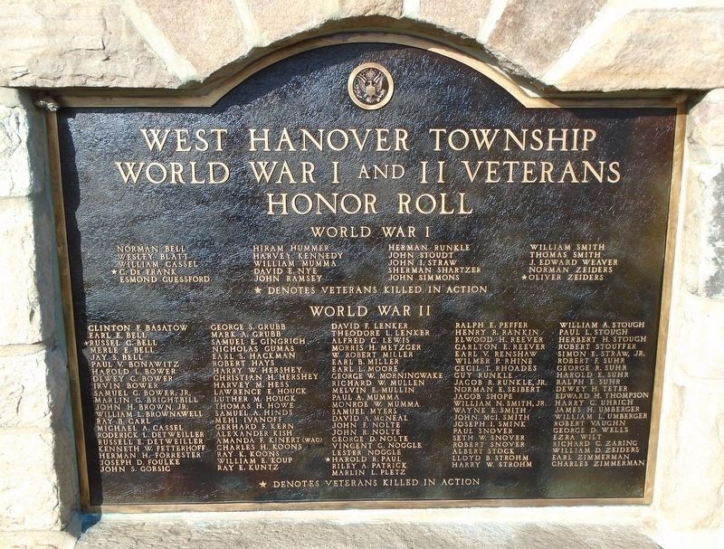 West Hanover Township World War I and II<br>Veterans Honor Roll Marker. Click for full size. West Hanover Township World War I and II<br>Veterans Honor Roll Marker image. Click for full size.