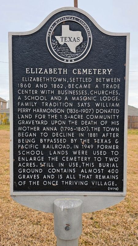 Elizabeth Cemetery Marker. Click for full size. Elizabeth Cemetery Marker image. Click for full size.