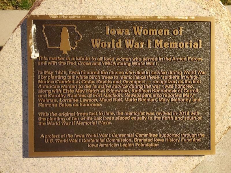 Iowa Women of World War I Memorial Marker. Click for full size. Iowa Women of World War I Memorial Marker image. Click for full size.