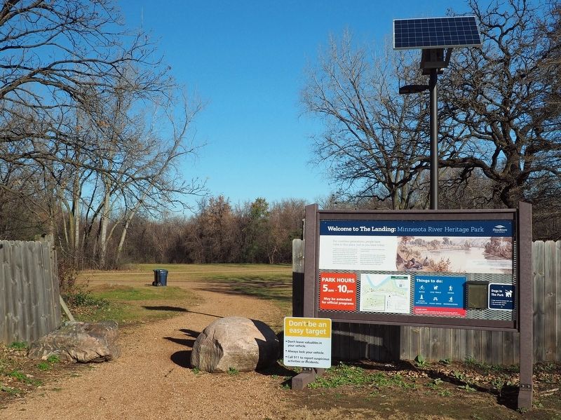 Marker at the east entrance of The Landing: Minnesota River Heritage Park. Click for full size. Marker at the east entrance of The Landing: Minnesota River Heritage Park image. Click for full size.