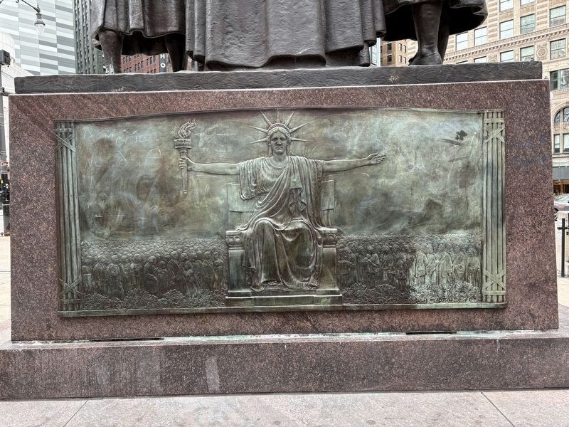 Lady Liberty relief on the rear of the Heald Square Monument image. Click for full size.