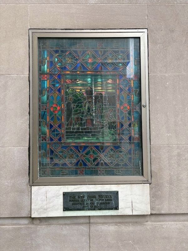 The Rev. Jesse Walker marker and stained glass window image. Click for full size.