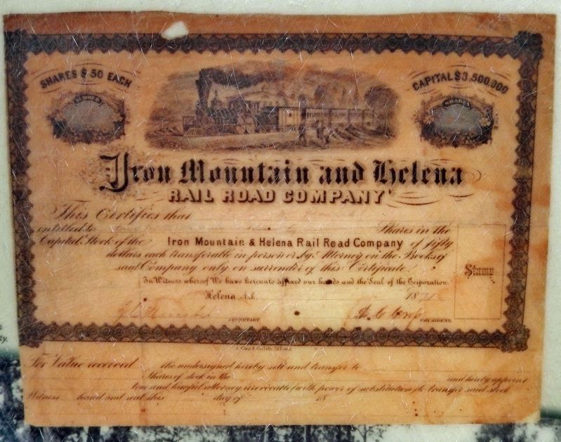 Marker detail: Iron Mountain and Helena Railroad Company Stock Certificate image. Click for full size.