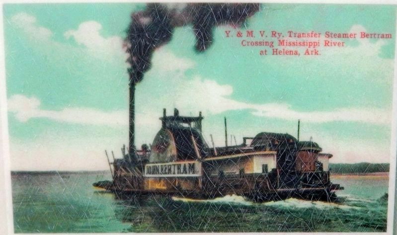 Marker detail: Y. & M. V. Ry. Transfer Steamer Bertram Crossing Mississippi River at Helena, AR. image. Click for full size.