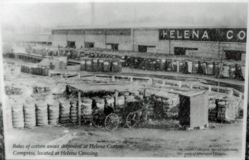 Marker detail: Bales of cotton await shipment at Helena Cotton Compress, located at Helena Crossing image. Click for full size.