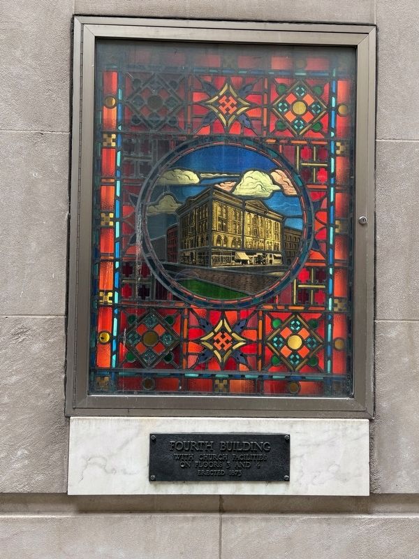 Fourth Church Building of First Methodist Church of Chicago marker and stained-glass window image. Click for full size.