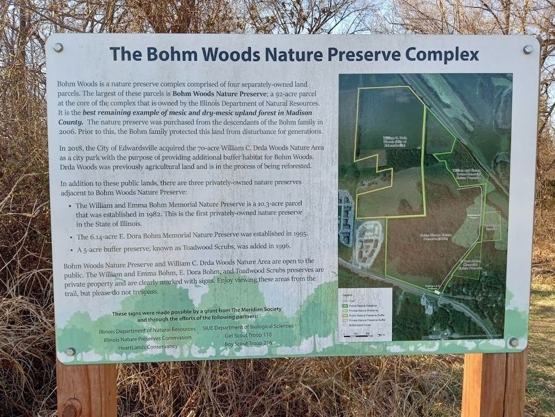 The Bohm Woods Nature Preserve Complex Marker. Click for full size. The Bohm Woods Nature Preserve Complex Marker image. Click for full size.