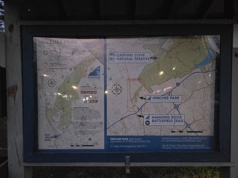 Nearby information map of Hinchee Park, Hanging Rock Trail and Carvins Cove Reserve image. Click for full size.