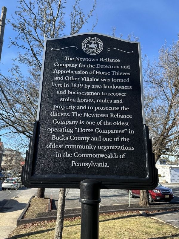 The Newtown Reliance Company for the Detection and Apprehension of Horse Thieves and Other Villains Marker image. Click for full size.