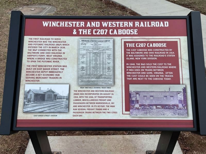 Close-up of Winchester and Western Railroad & the C207 Caboose Marker image. Click for full size.