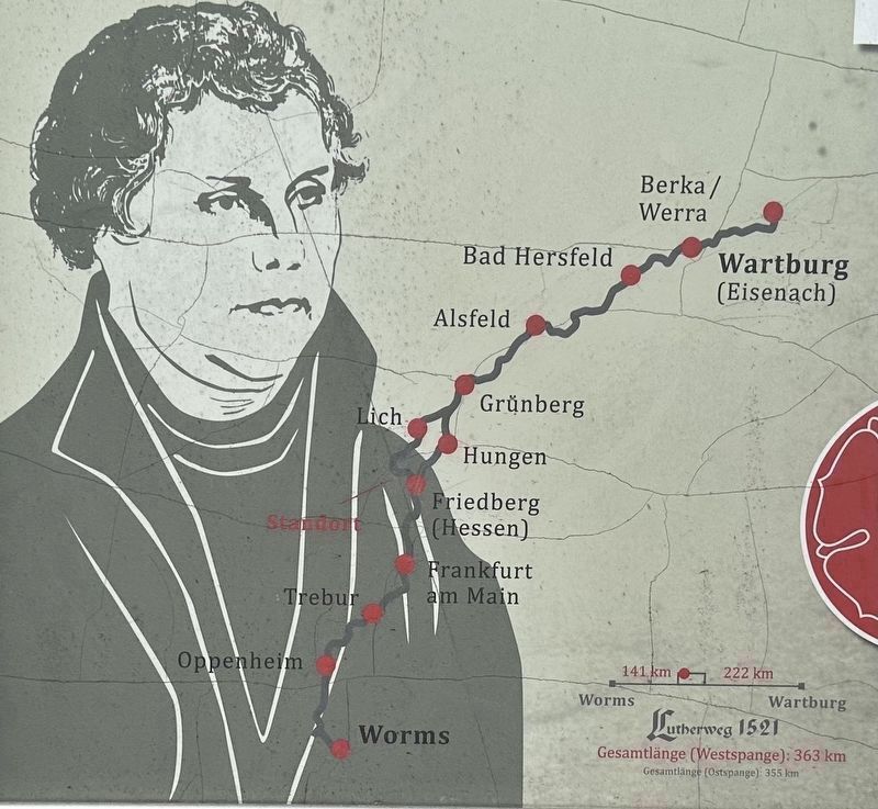 Marker detail: map of Luther�s 1521 Worms-to-Wartburg journey (ca. 360 km) image. Click for full size.
