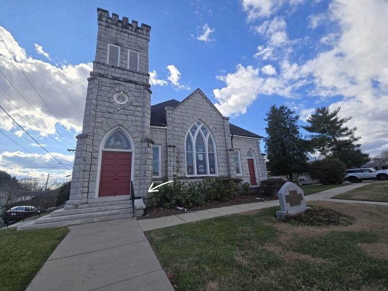First Presbyterian Church of Mount Airy. Marker location indicated by the arrow. Click for full size. First Presbyterian Church of Mount Airy. Marker location indicated by the arrow image. Click for full size.