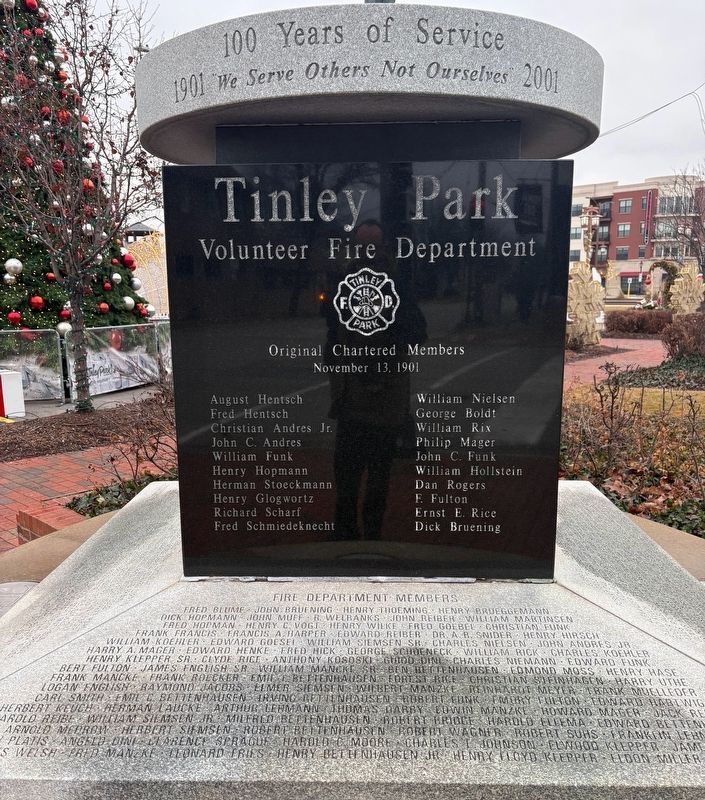 Tinley Park Volunteer Fire Department memorial front panel. Click for full size. Tinley Park Volunteer Fire Department memorial front panel image. Click for full size.