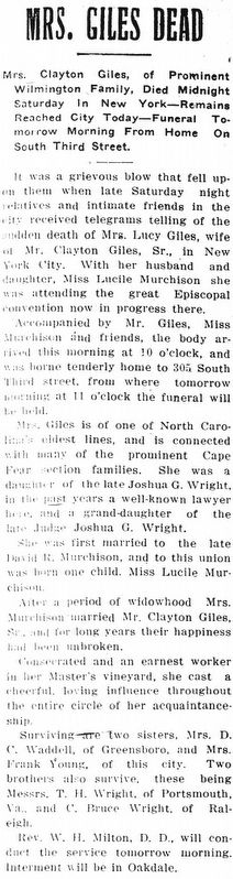 Lucy Wooster Wright Giles obituary image. Click for full size.